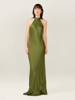 Omnes Green Milos Maxi Halter Neckline Dress with Back Bow Detail