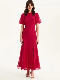 Omnes Pink Nola Chiffon Puff Sleeve Side Slit Maxi Dress