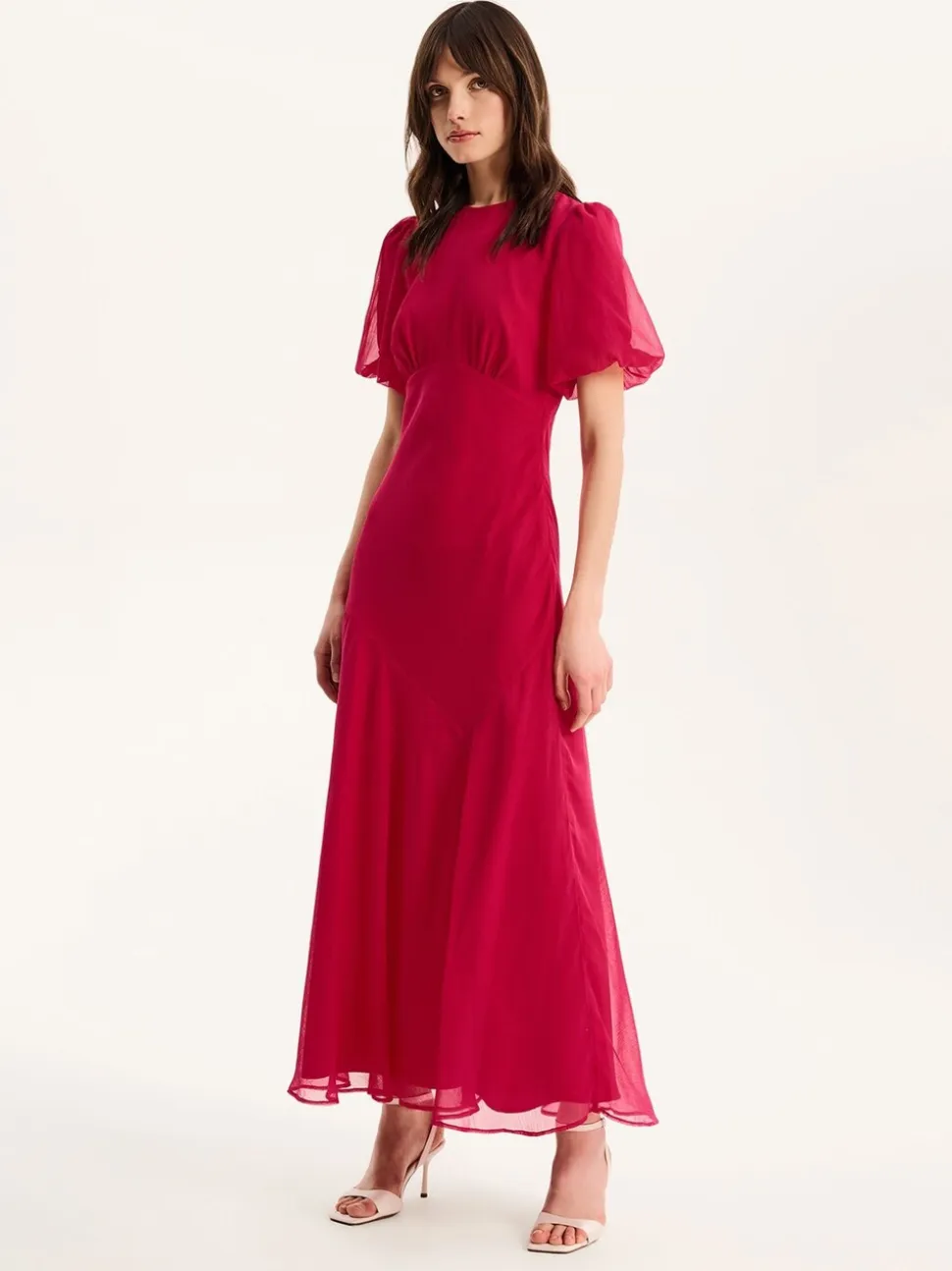 Omnes Pink Nola Chiffon Puff Sleeve Side Slit Maxi Dress