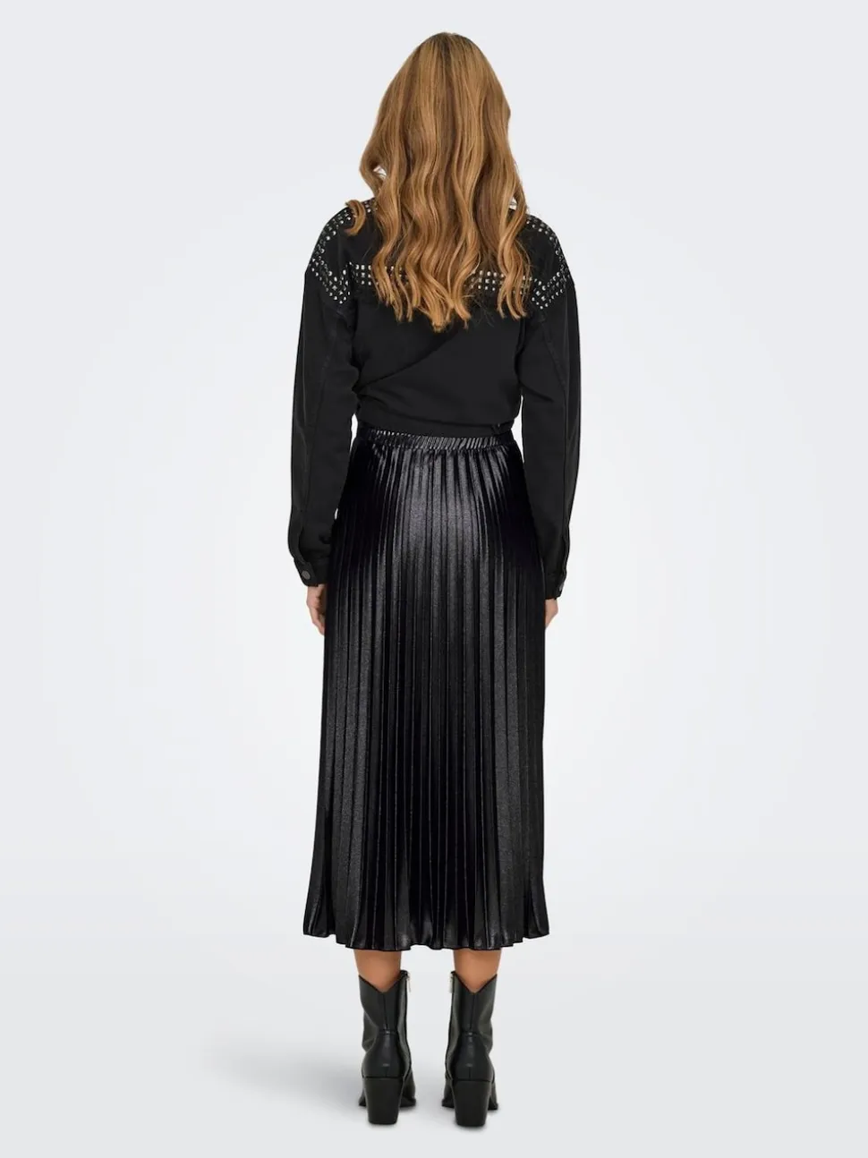 ONLY Black Metallic Pleated Midi Skirt