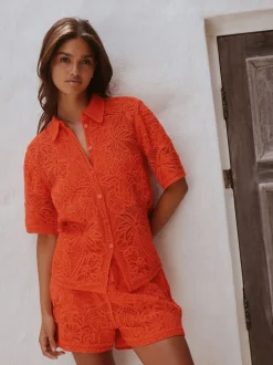 Orange Crochet Short Sleeve Shirt