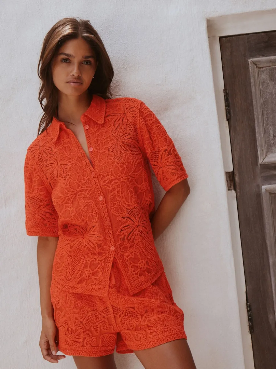 Orange Crochet Short Sleeve Shirt