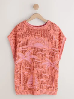 Orange Palm Knitted Tank Cover-Up