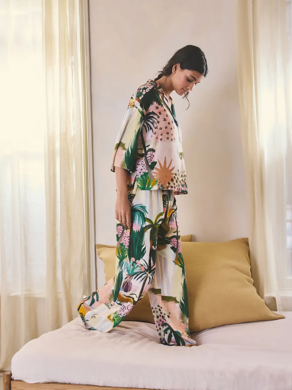 Orange Palms Viscose/Linen Blend Button Through Pyjamas