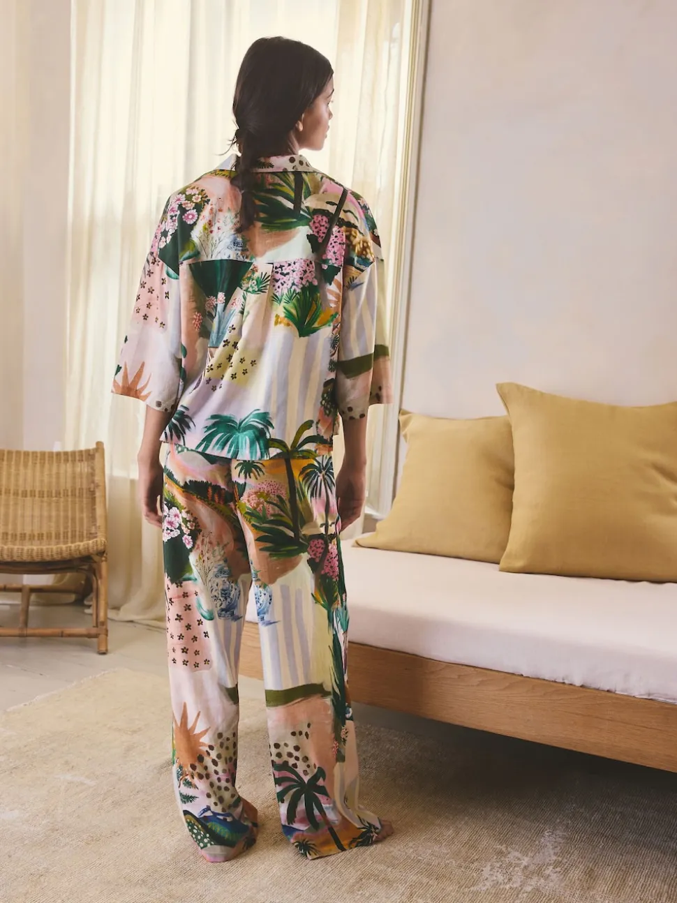 Orange Palms Viscose/Linen Blend Button Through Pyjamas