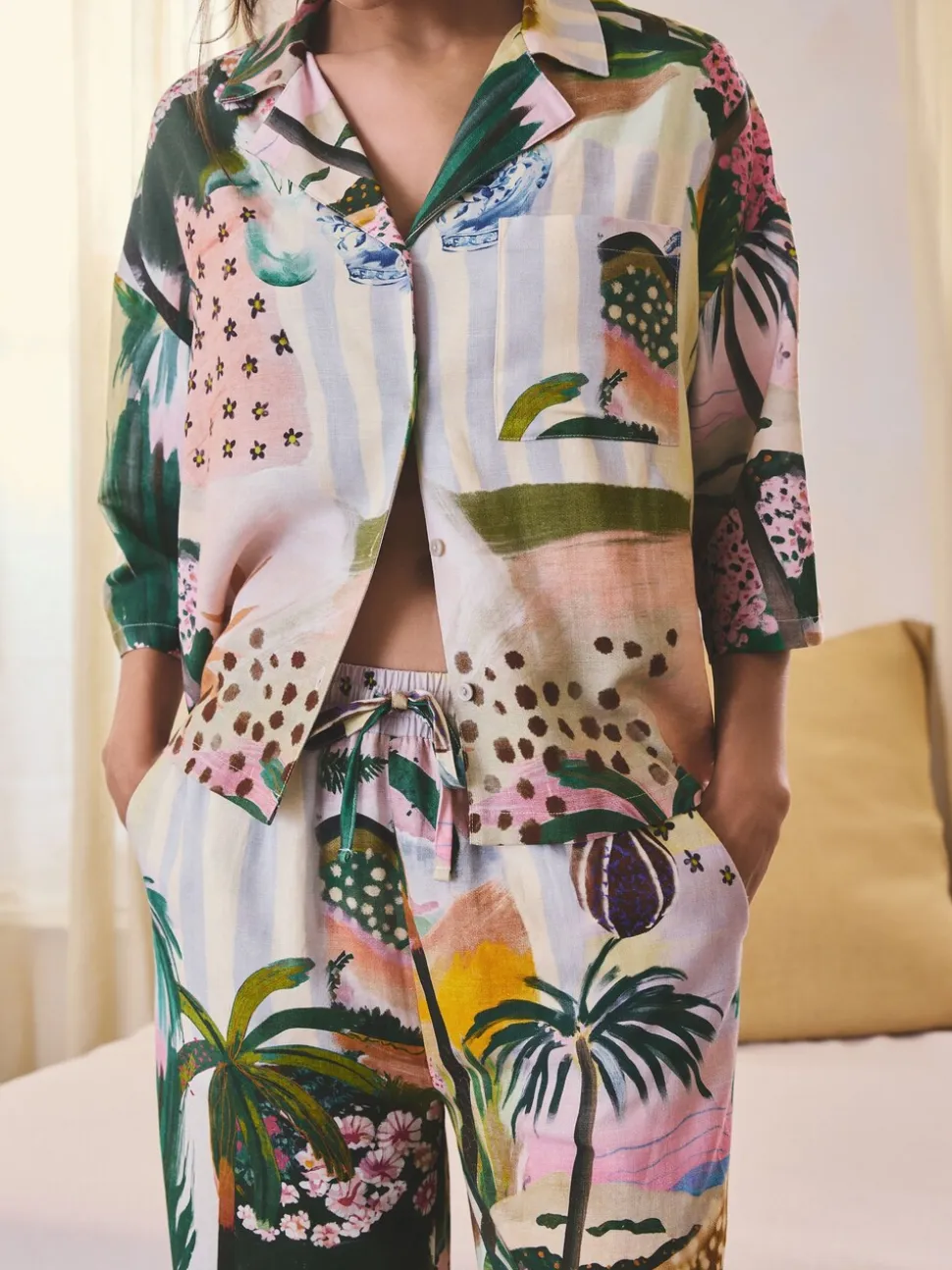 Orange Palms Viscose/Linen Blend Button Through Pyjamas
