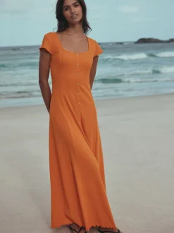 Orange Short Sleeve Jersey Button Through Maxi Dress