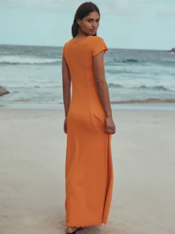 Orange Short Sleeve Jersey Button Through Maxi Dress