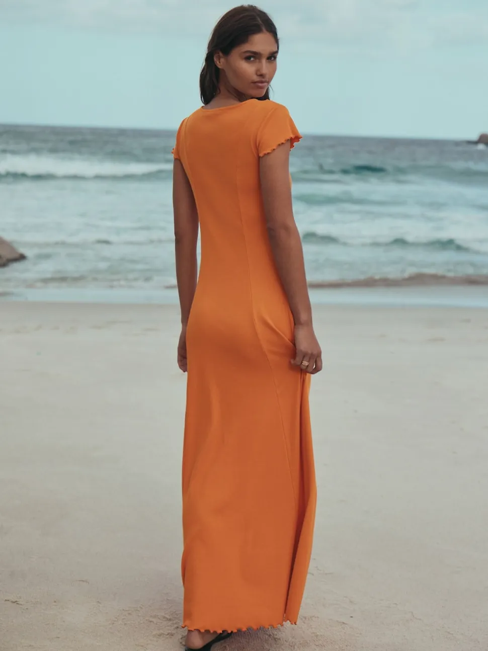 Orange Short Sleeve Jersey Button Through Maxi Dress