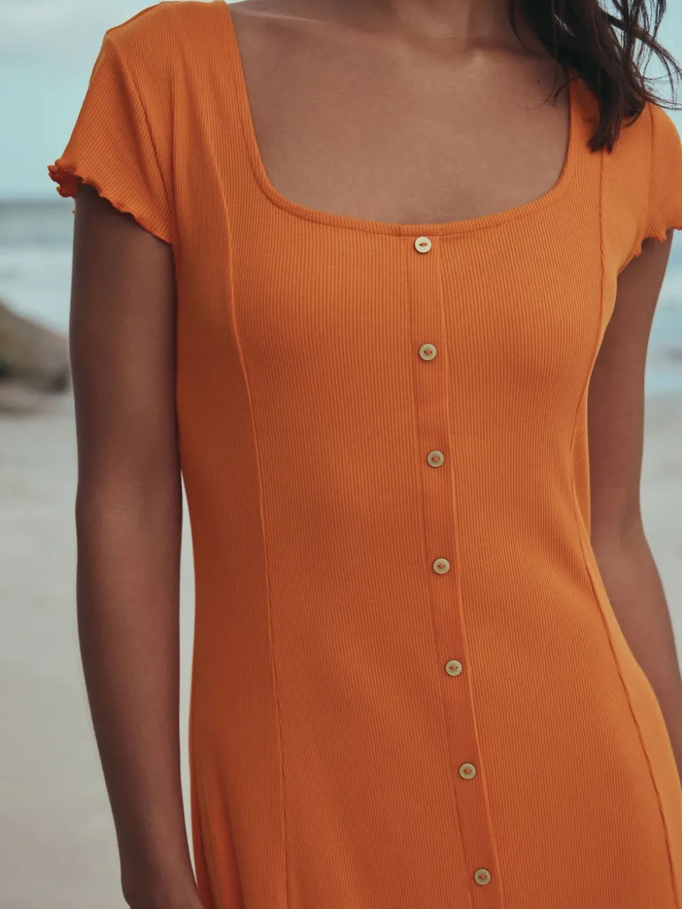 Orange Short Sleeve Jersey Button Through Maxi Dress