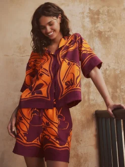 Orange/Burgundy Exotic Border Print Elasticated Waist Resort Shorts