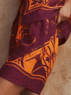 Orange/Burgundy Exotic Border Print Elasticated Waist Resort Shorts