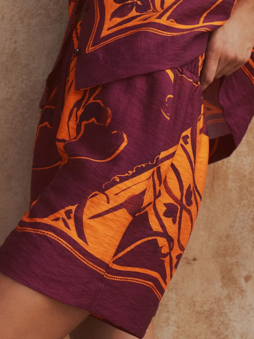 Orange/Burgundy Exotic Border Print Elasticated Waist Resort Shorts