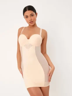 Pastel Rose Nude DD+ Firm Tummy Control Lightly Padded Lace Slip