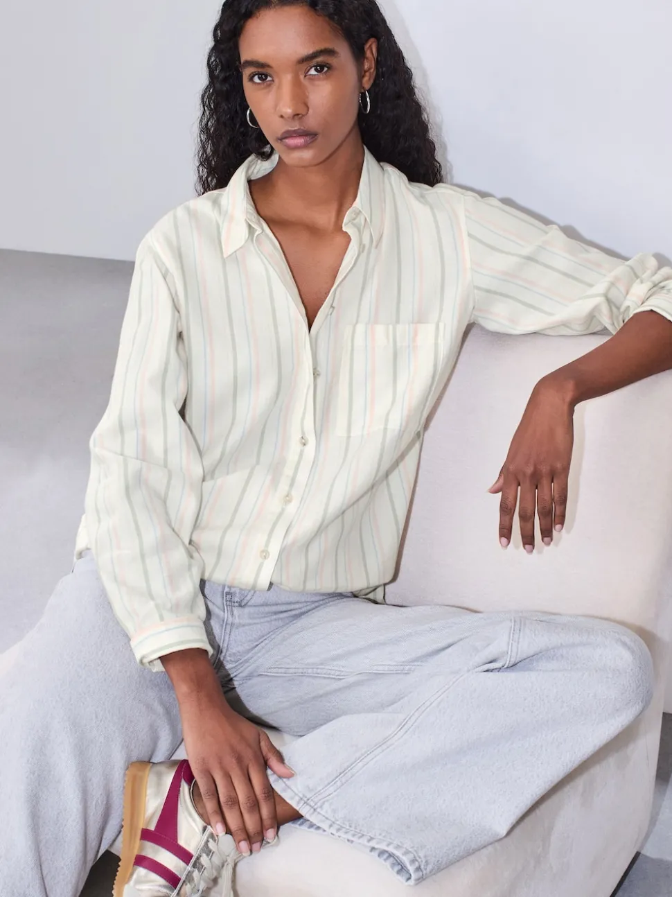 Pastel Stripe Relaxed 100% Cotton Button Down Casual Long Sleeve Shirt