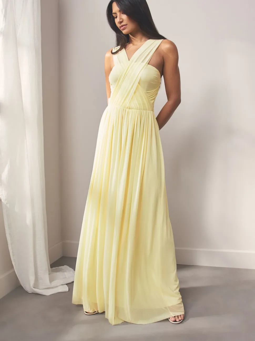 Pastel Yellow Mesh Multiway Wedding Guest Bridesmaid Maxi Dress