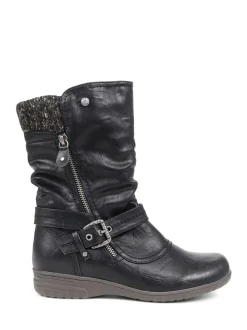 Pavers Black Knitted Cuff Buckle Slouch Mid-Calf Boots