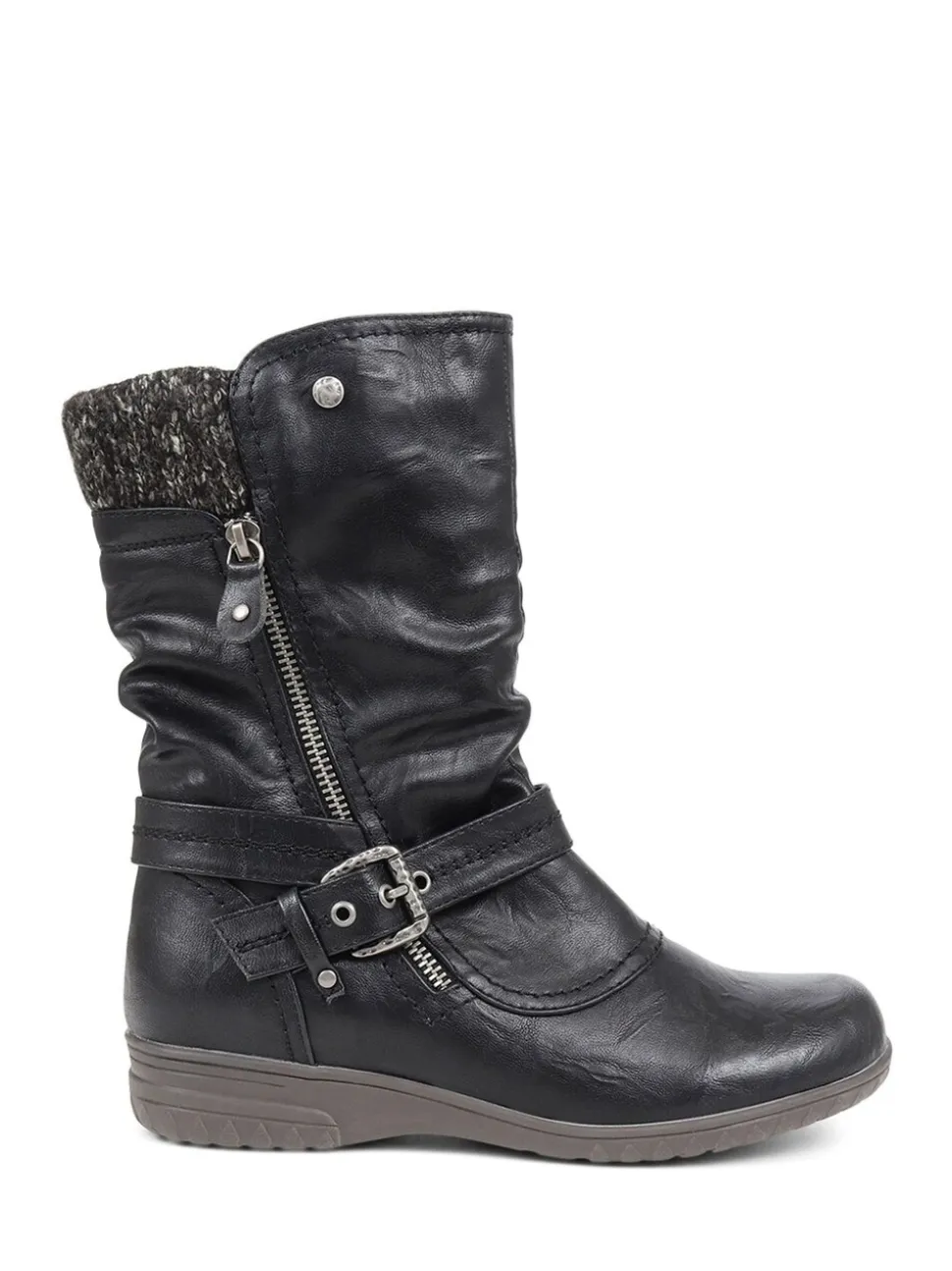 Pavers Black Knitted Cuff Buckle Slouch Mid-Calf Boots