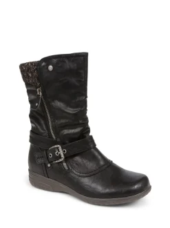 Pavers Black Knitted Cuff Buckle Slouch Mid-Calf Boots