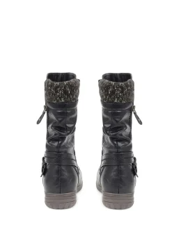 Pavers Black Knitted Cuff Buckle Slouch Mid-Calf Boots