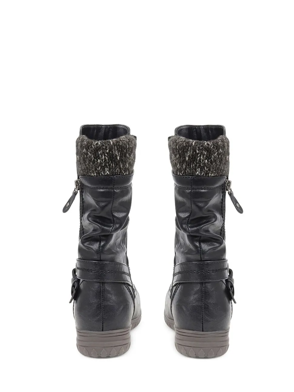 Pavers Black Knitted Cuff Buckle Slouch Mid-Calf Boots