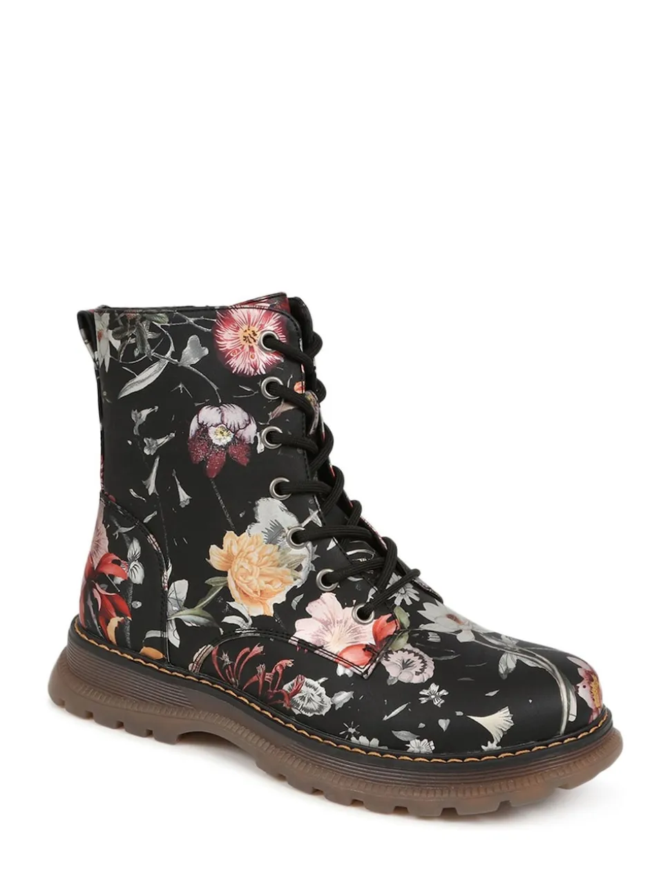 Pavers Black Lace Up Floral Boots