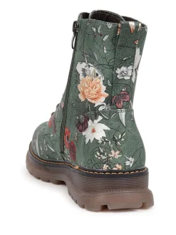 Pavers Green Lace Up Floral Boots