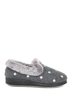 Pavers Grey Floral Faux Fur Slippers