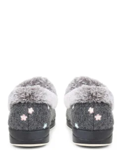 Pavers Grey Floral Faux Fur Slippers