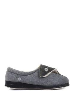 Pavers Grey Wide Fit Ladies Touch Fasten Full Slippers With Permalose Sole