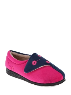 Pavers Navy Raspberry Wide Fit Ladies Touch Fasten Full Slippers With Permalose Sole