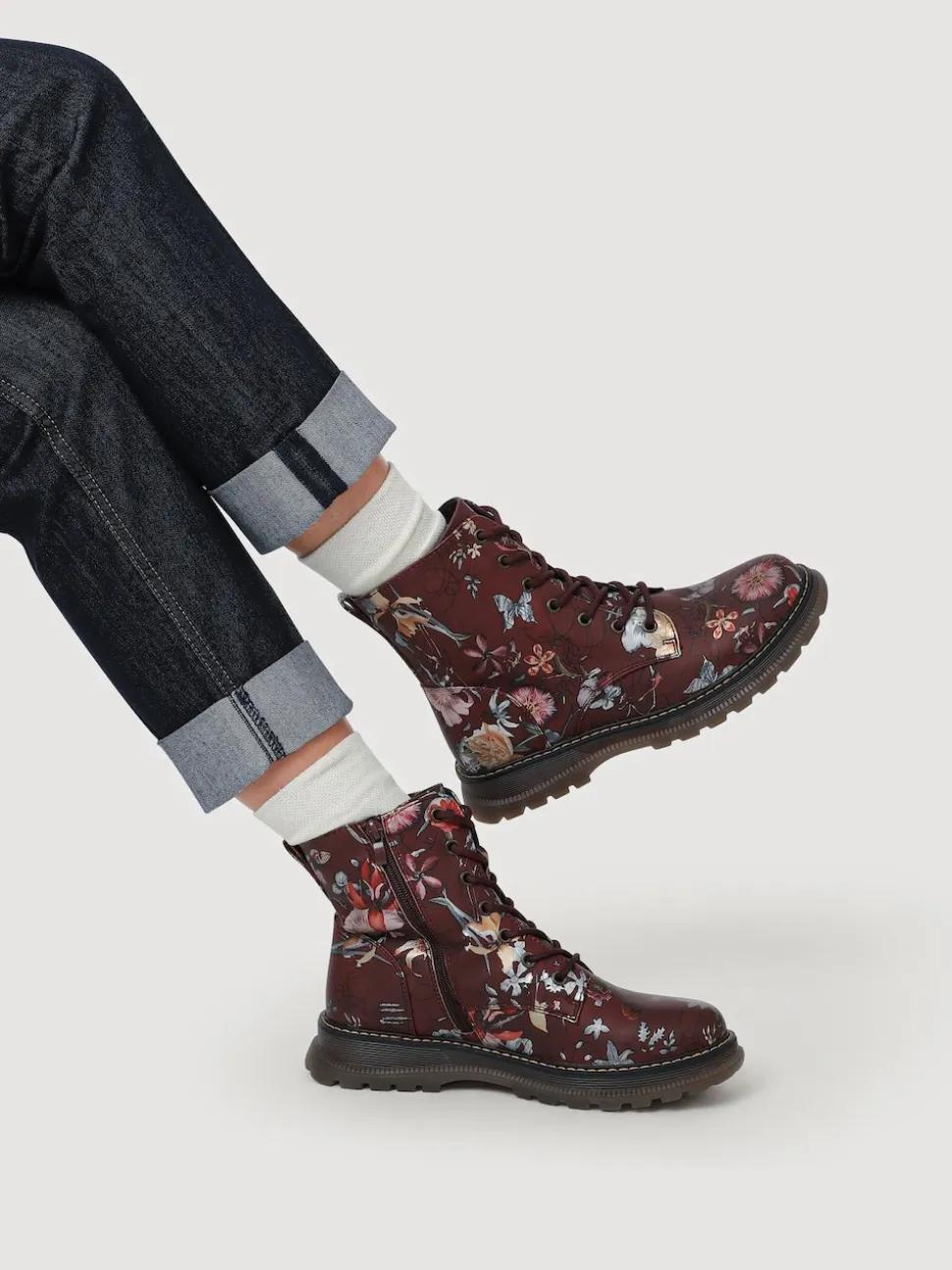 Pavers Red Lace Up Floral Boots
