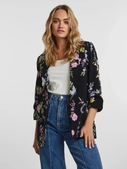 PIECES Black Floral Ruched Sleeve Blazer