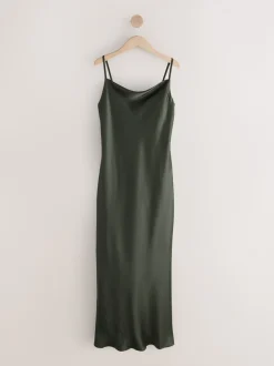 Pine Green Satin Cowl Neck Wedding Guest Bridesmaid Maxi Dress