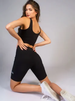 Pineapple Black Womens Rib Cycling Shorts with Pocket