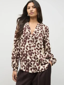 Pink Animal Print Long Sleeve V-Neck Blouse