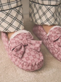 Pink Check Heart Moccasin Slippers