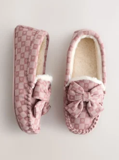 Pink Check Heart Moccasin Slippers