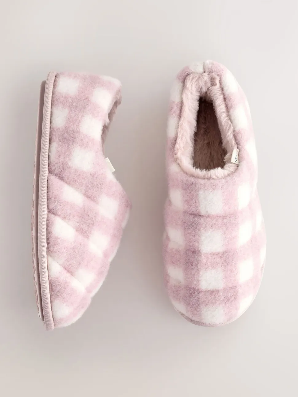 Pink Check Quilted Faux Fur Shoot Slippers