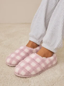 Pink Check Quilted Faux Fur Shoot Slippers