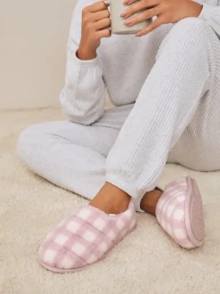 Pink Check Quilted Faux Fur Shoot Slippers