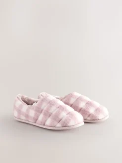 Pink Check Quilted Faux Fur Shoot Slippers