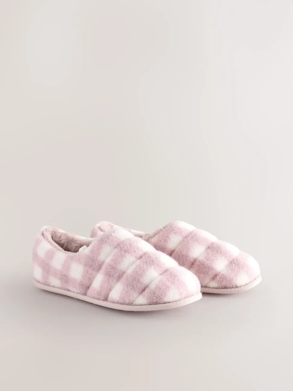 Pink Check Quilted Faux Fur Shoot Slippers