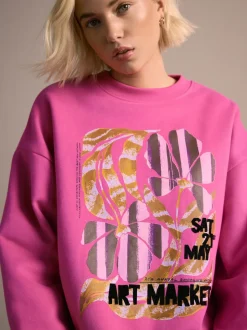 Pink Cotton Rich Fruit Art Graphic Longsleeve Crewneck Sweatshirt
