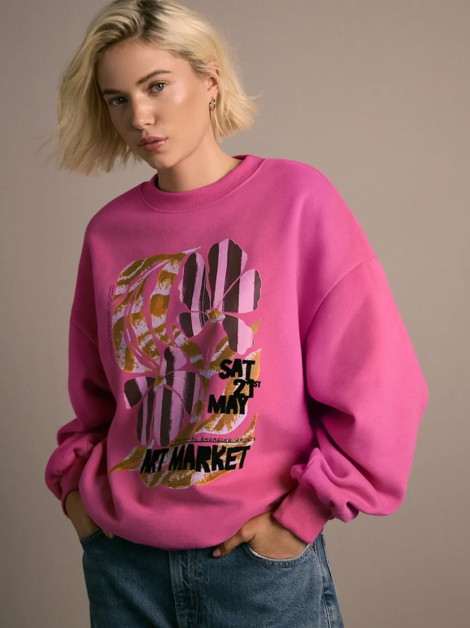 Pink Cotton Rich Fruit Art Graphic Longsleeve Crewneck Sweatshirt