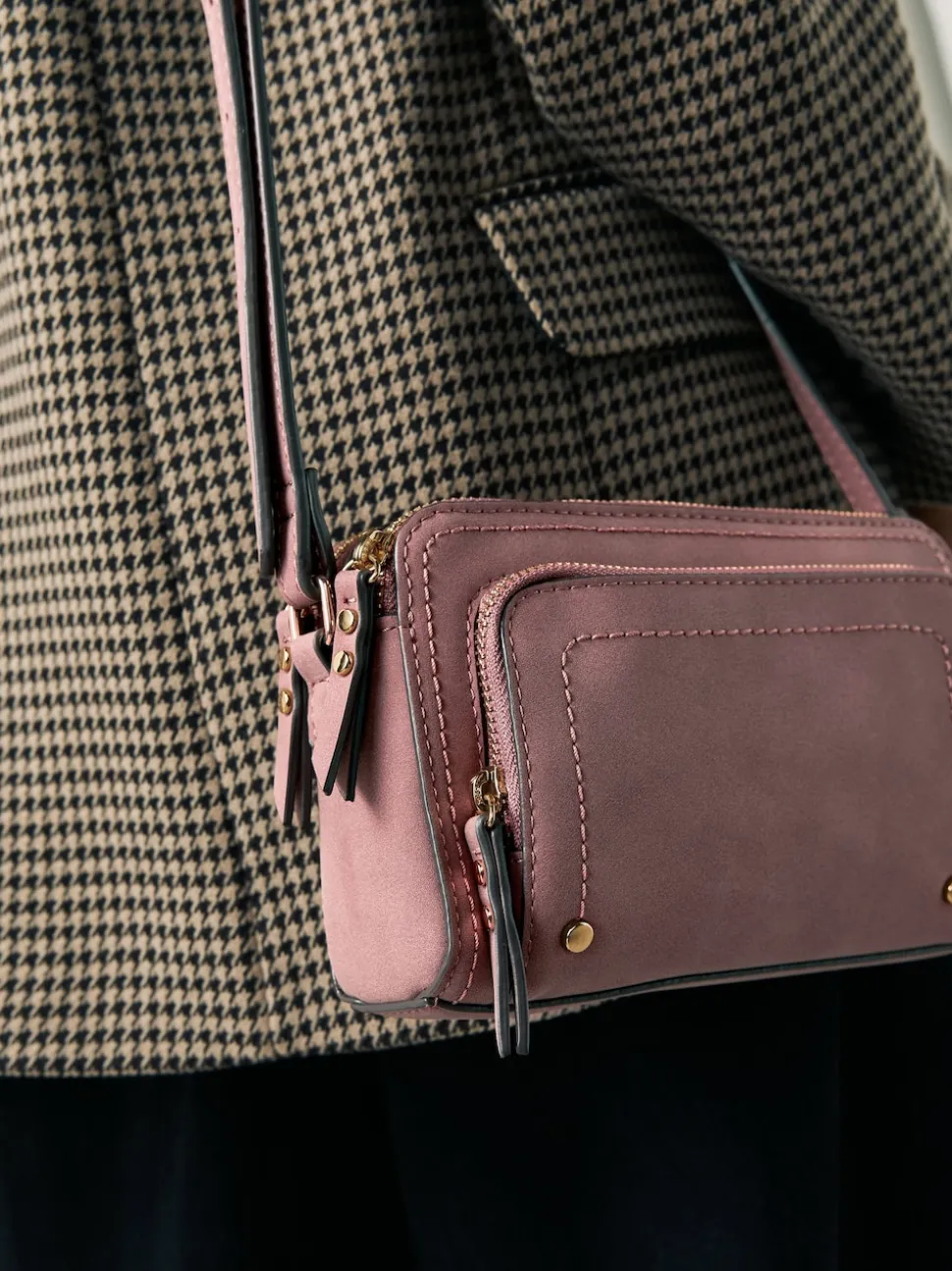 Pink Double Zip Cross-Body Faux Suede Bag