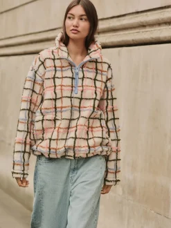 Pink/ Ecru Check Soft Touch Cosy Teddy Borg Quarter Zip Fleece