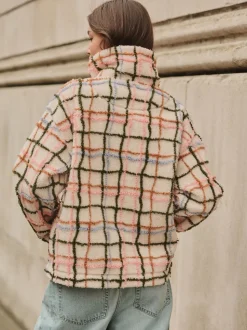 Pink/ Ecru Check Soft Touch Cosy Teddy Borg Quarter Zip Fleece