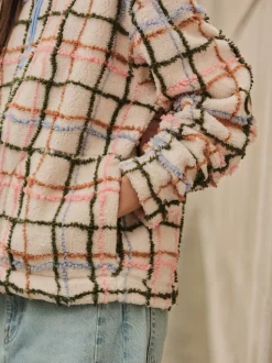 Pink/ Ecru Check Soft Touch Cosy Teddy Borg Quarter Zip Fleece
