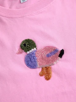 Pink Embellished Duck Short Sleeve Crew Neck Top
